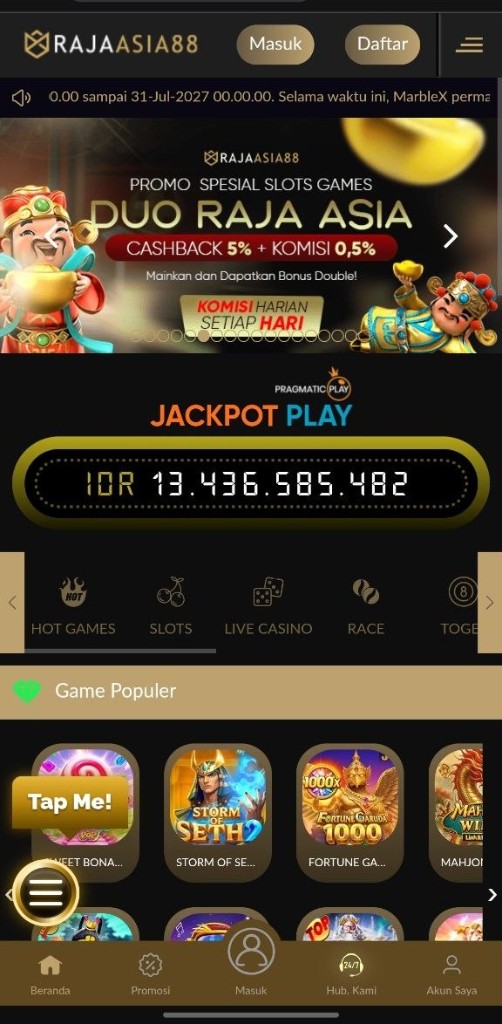 Screenshot mobile RAJAASIA88 — beranda dan jackpot